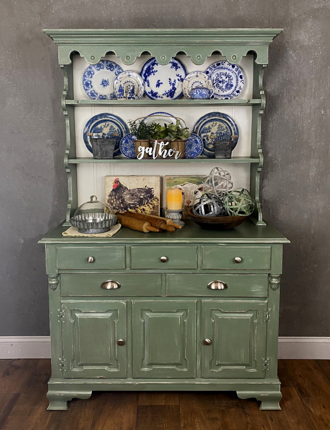 Chalk painted two piece hutch green