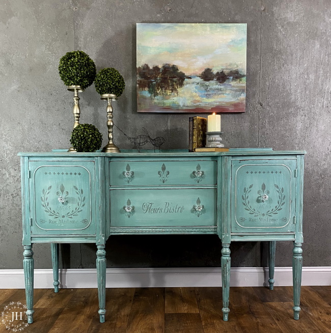 French Stenciled Teal Sideboard