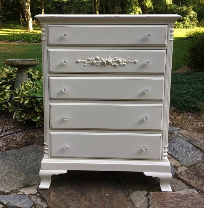 Tall white shabby chic painted dresser with rose garland
