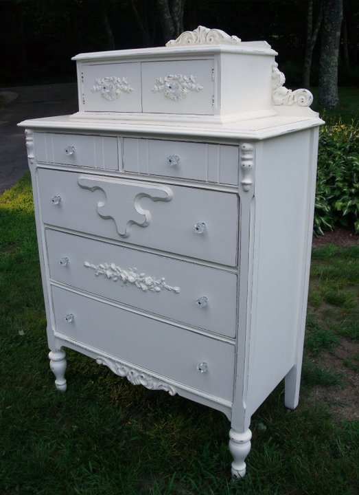 Painted cottage tall dresser with rose appliques