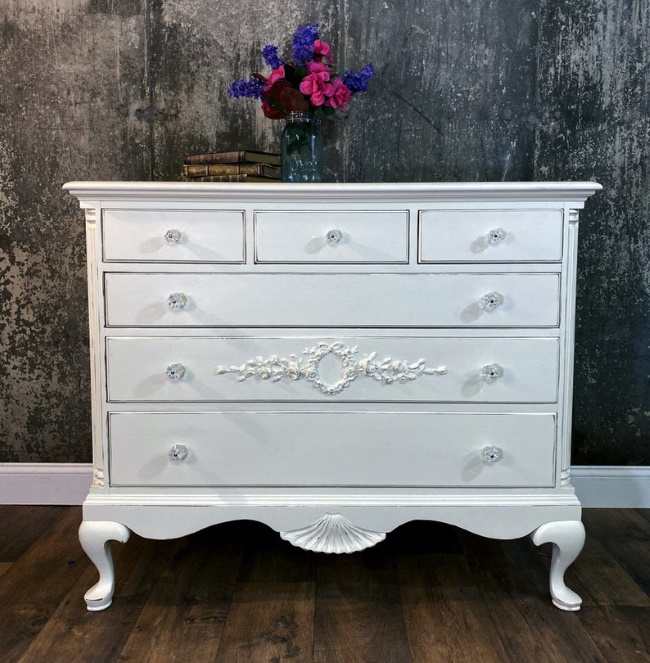 Shabby chic white dresser with rose appliques